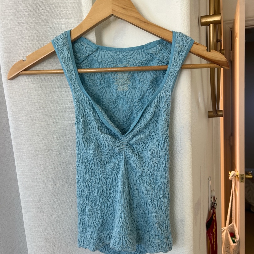 FP Movement by Free People Blue Smocked Tie Front Tank Top